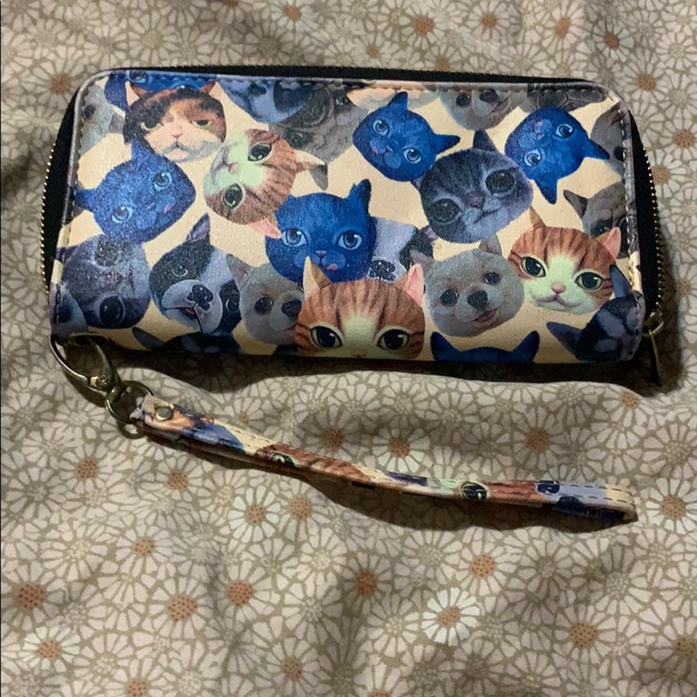 Blue white orange grey cat wallet with strap